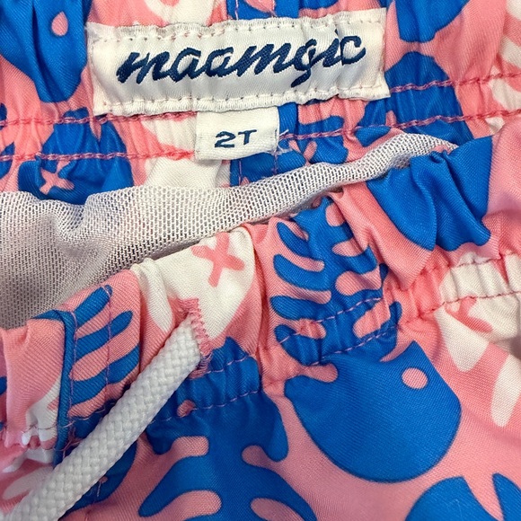 Maamgic Toddler Boys’ Pink & Blue Fish Bones “Shortie” UPF Swim Shorts • Size 2T - Picture 2 of 12